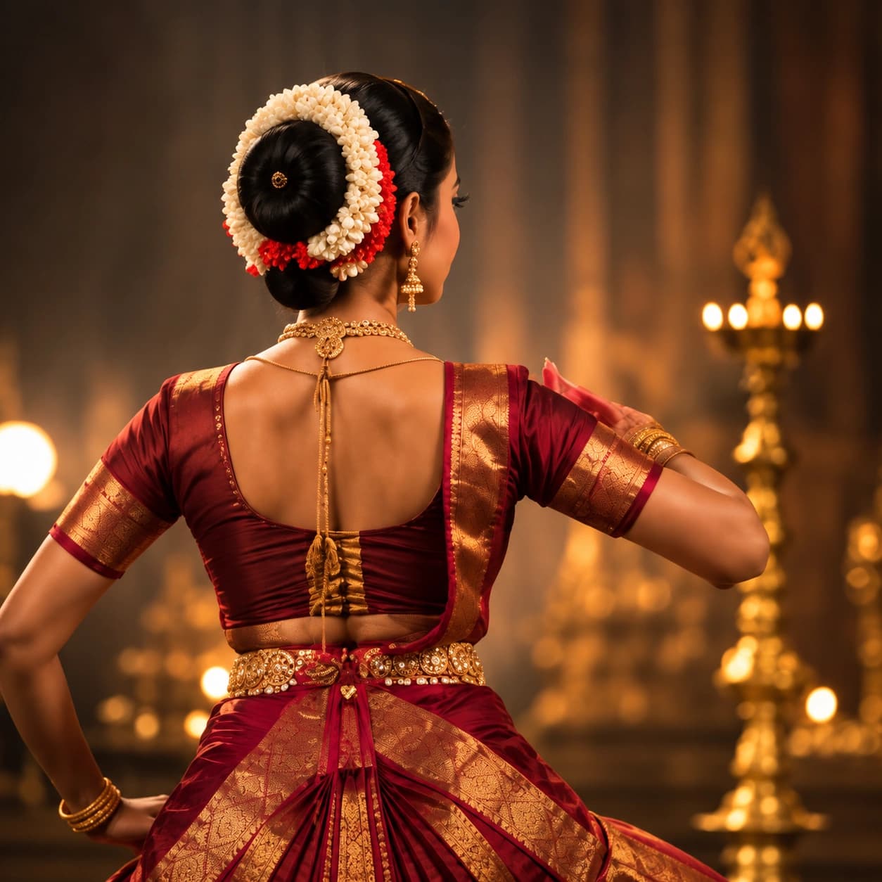 Classical Indian dancer adorned in traditional maroon costume, hair bun with fresh jasmine flowers, and temple jewellery facing oil lamp