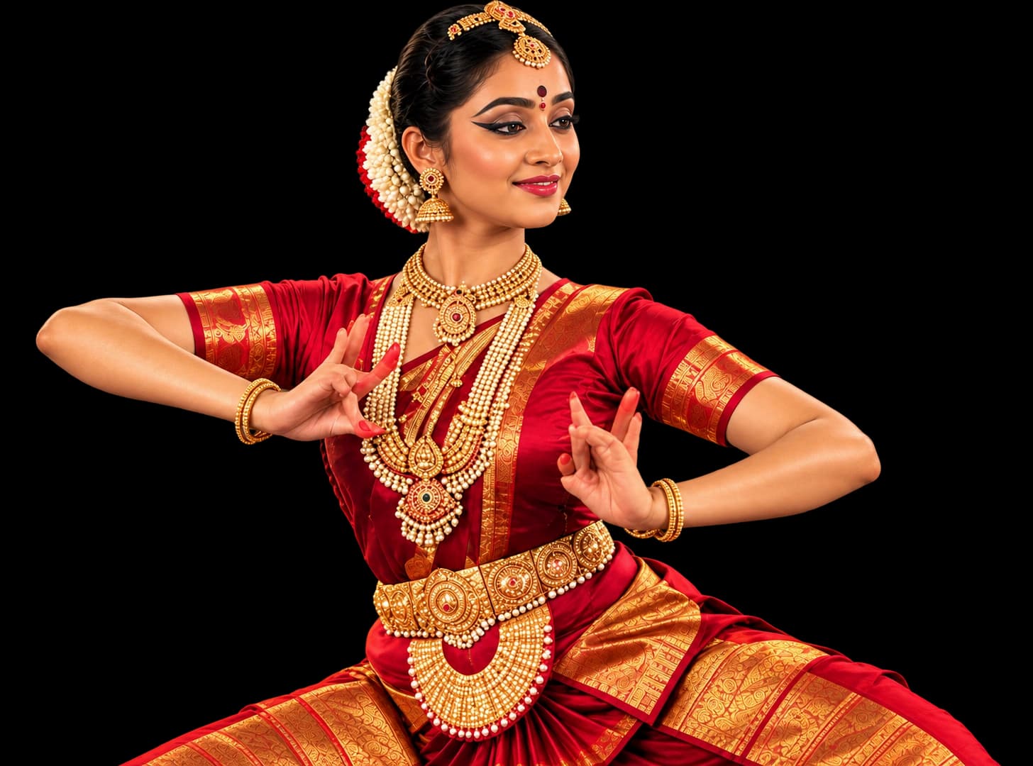 Classical Bharatanatyam Dancer in Red & Gold Costume at Mehabooha Dance Collections